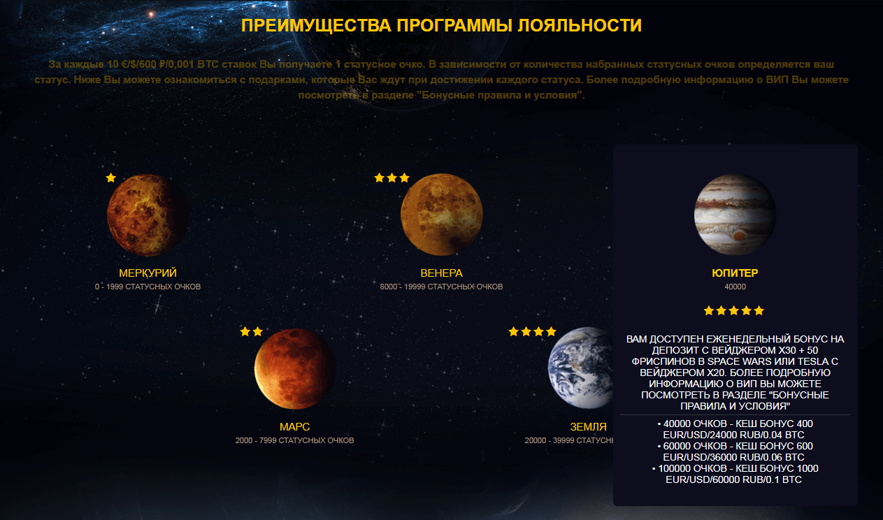 Space Casino - программа лояльности Space Casino VIP программа